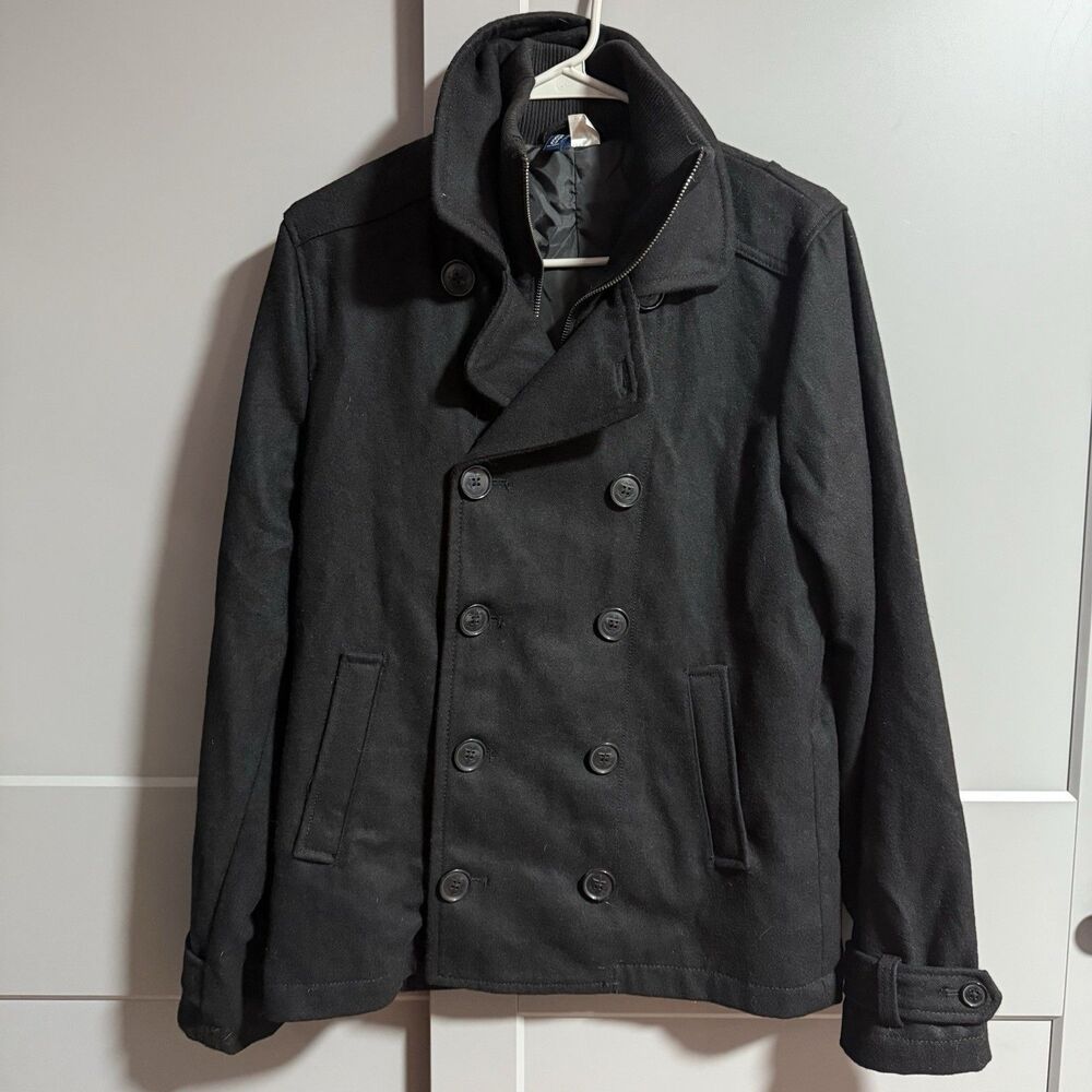 H&M Men Double Breasted Wool Blend Peacoat Waist Length Black Small Academia